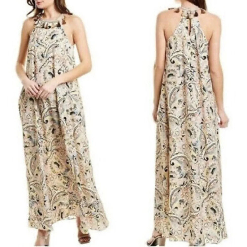 Laundry by Shelli Segal Paisley Print Tasseled Halter Maxi Dress Size 8 - Picture 2 of 7